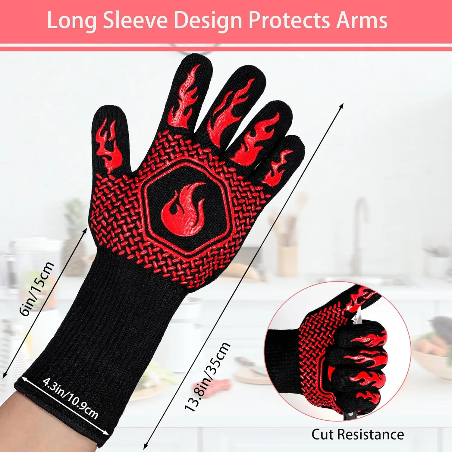 BBQ Fireproof Gloves, Grill Cut-Resistant Gloves 1472F Heat Resistant Gloves, Non-Slip Silicone Oven Gloves, Kitchen Safe Cooking Gloves for Oven Mitts,Barbecue,Cooking, Frying,13.5 Inch-Red