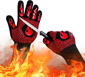 BBQ Fireproof Gloves, Grill Cut-Resistant Gloves 1472F Heat Resistant Gloves, Non-Slip Silicone Oven Gloves, Kitchen Safe Cooking Gloves for Oven Mitts,Barbecue,Cooking, Frying,13.5 Inch-Red