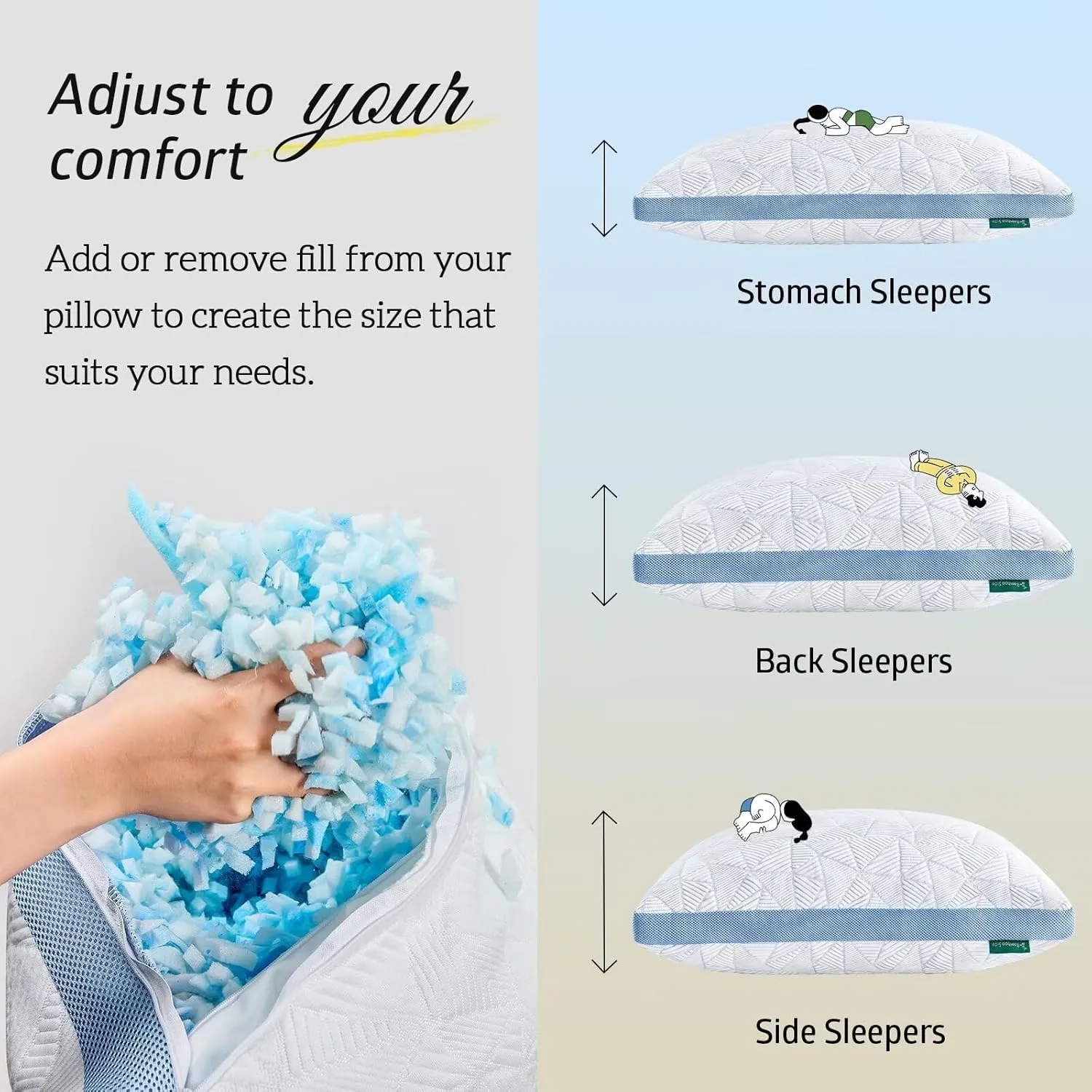 BETU Cooling Pillow Queen Size, Shredded Memory Foam Cool Pillow for Hot Sleepers, Adjustable Firm Soft Support Bed Pillows Perfect for Back Neck Pain and Side Sleeping with Pillow Case Cover, Blue