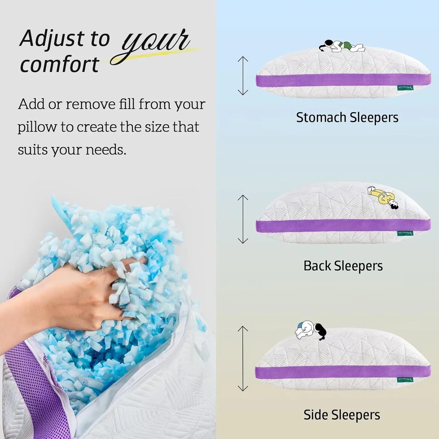 BETU Cooling Pillow Queen Size, Shredded Memory Foam Cool Pillow for Hot Sleepers, Adjustable Firm Soft Support Bed Pillows Perfect for Back Neck Pain and Side Sleeping with Pillow Case Cover, Purple