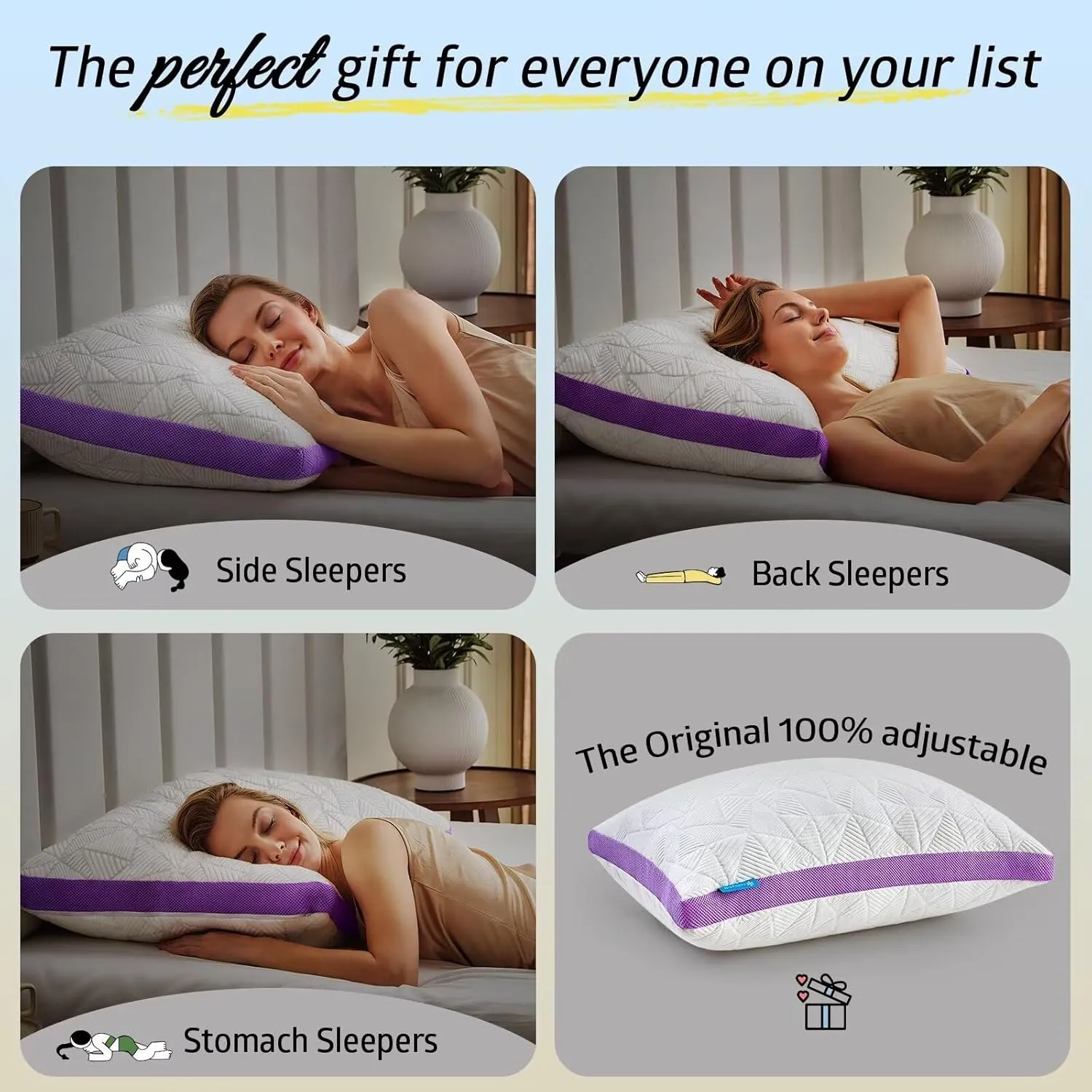 BETU Cooling Pillow Queen Size, Shredded Memory Foam Cool Pillow for Hot Sleepers, Adjustable Firm Soft Support Bed Pillows Perfect for Back Neck Pain and Side Sleeping with Pillow Case Cover, Purple