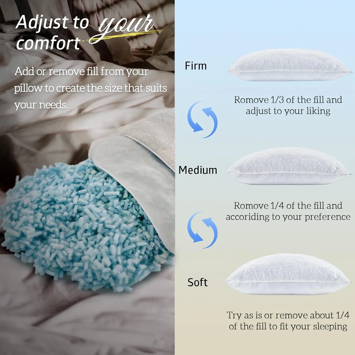 BETU Cooling Pillow Queen Size, Shredded Memory Foam Cool Pillow for Hot Sleepers, Adjustable Firm Soft Support Bed Pillows Perfect for Back Neck Pain and Side Sleeping with Pillow Case Cover, White
