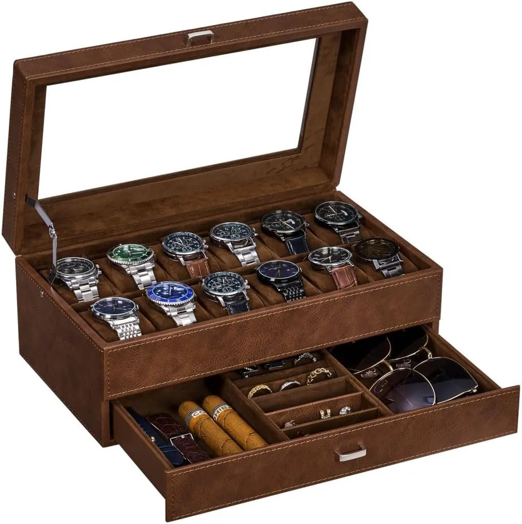 BEWISHOME Watch Box for Men Luxury Watch Organizer Faux Leather Watch Case with Jewelry Drawer, Real Glass Top, Metal Hinge, Brown SSH12Z