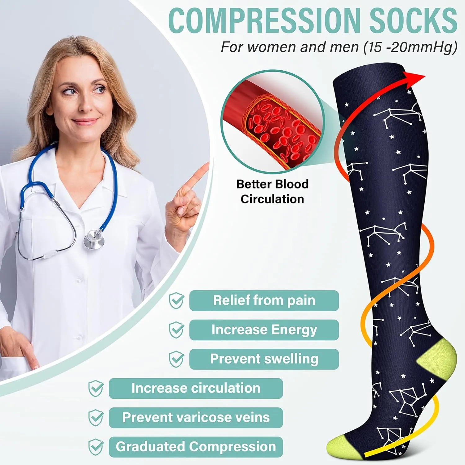 Blisset Compression Socks for Women & Men Circulation (3 Pairs) 15-20 mmHg is Best Support for Athletic Running Cycling