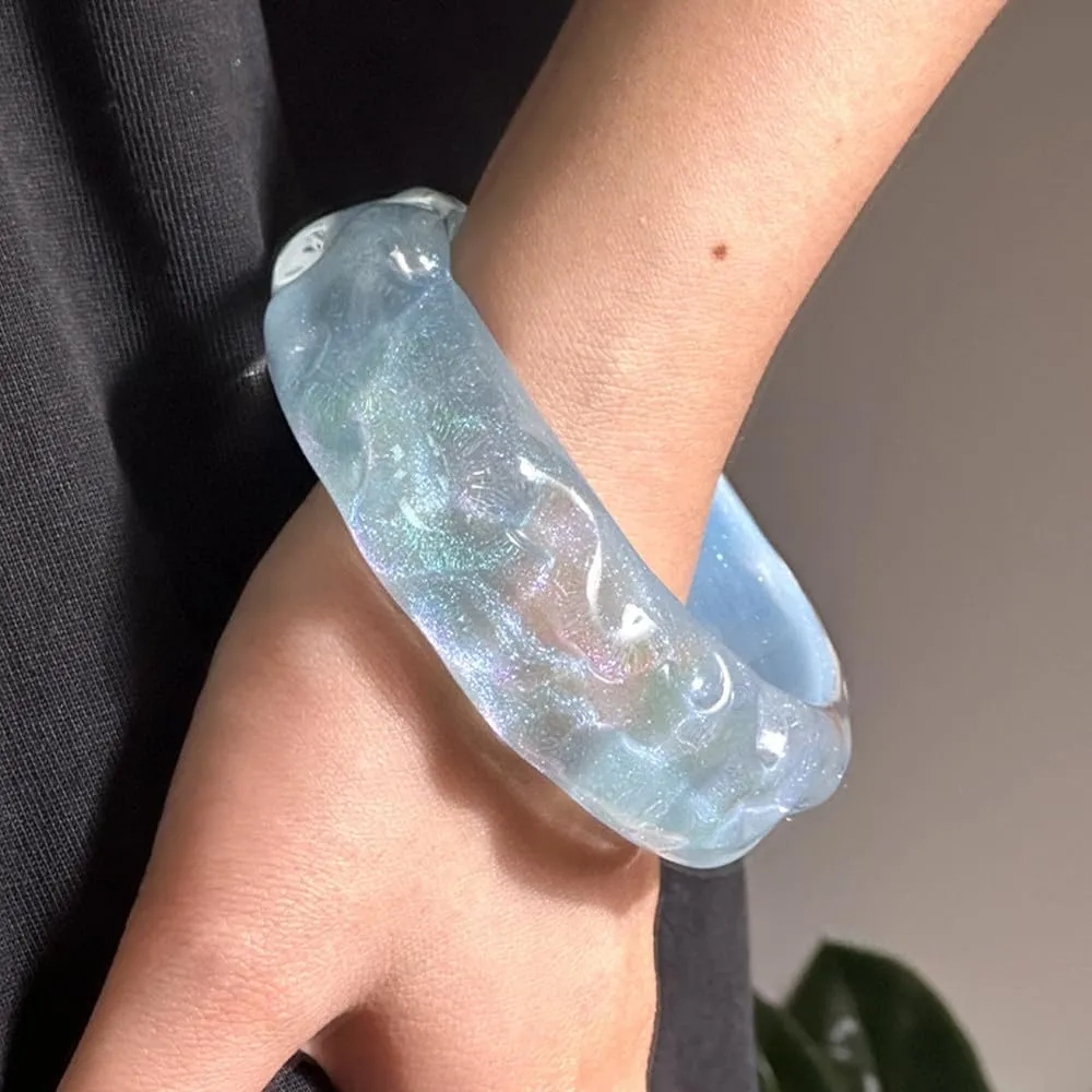 Boho Colorful Shimmer Acrylic Resin Bangle Bracelet Transparent Plastic Wristbands Wide Irregular Geometric Cuff Bangle Bracelet for Women Jewelry