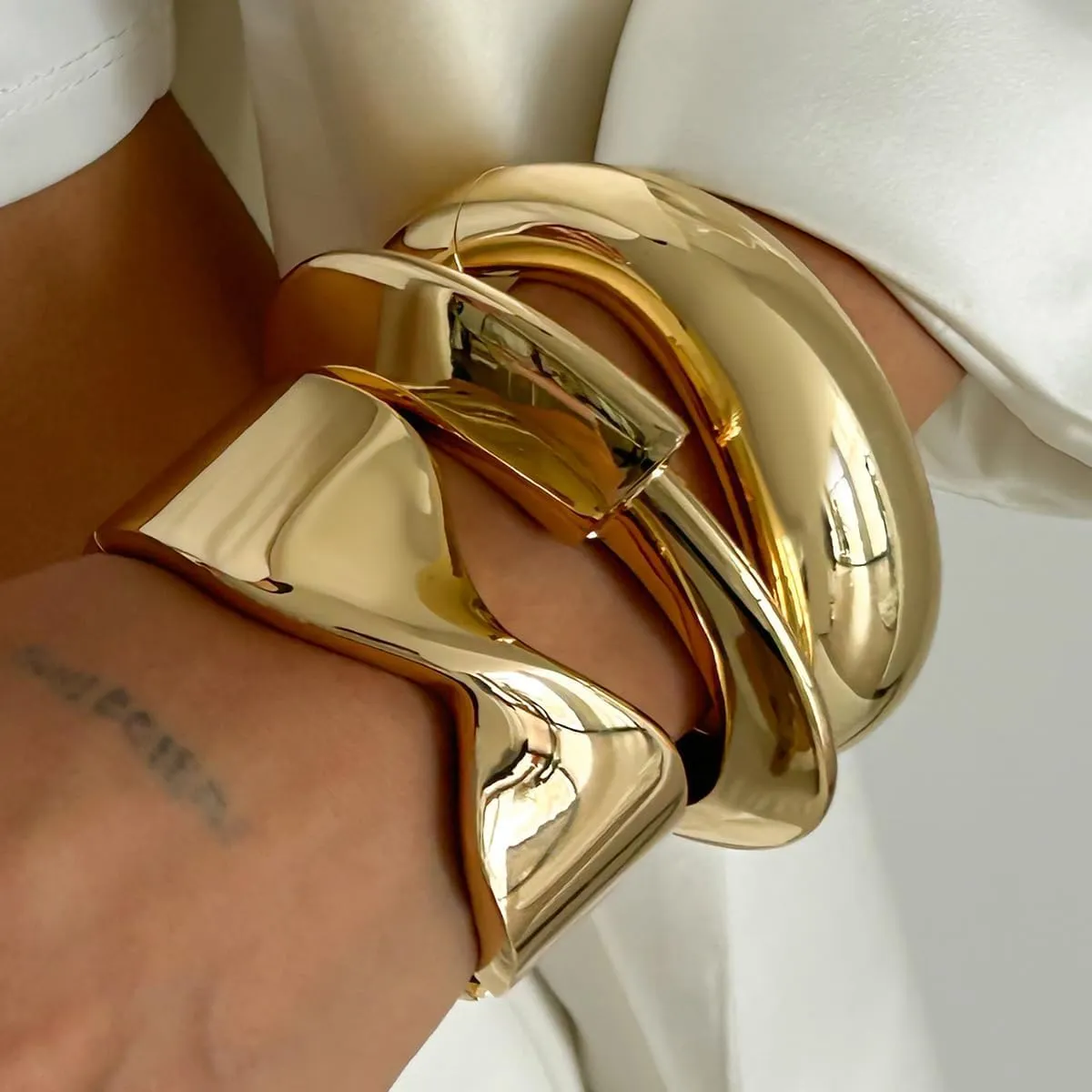 Boho Gold Cuff Bangle Bracelet Set for Women - Chunky Waterdrop Irregular Wide Stackable Minimalist Jewelry
