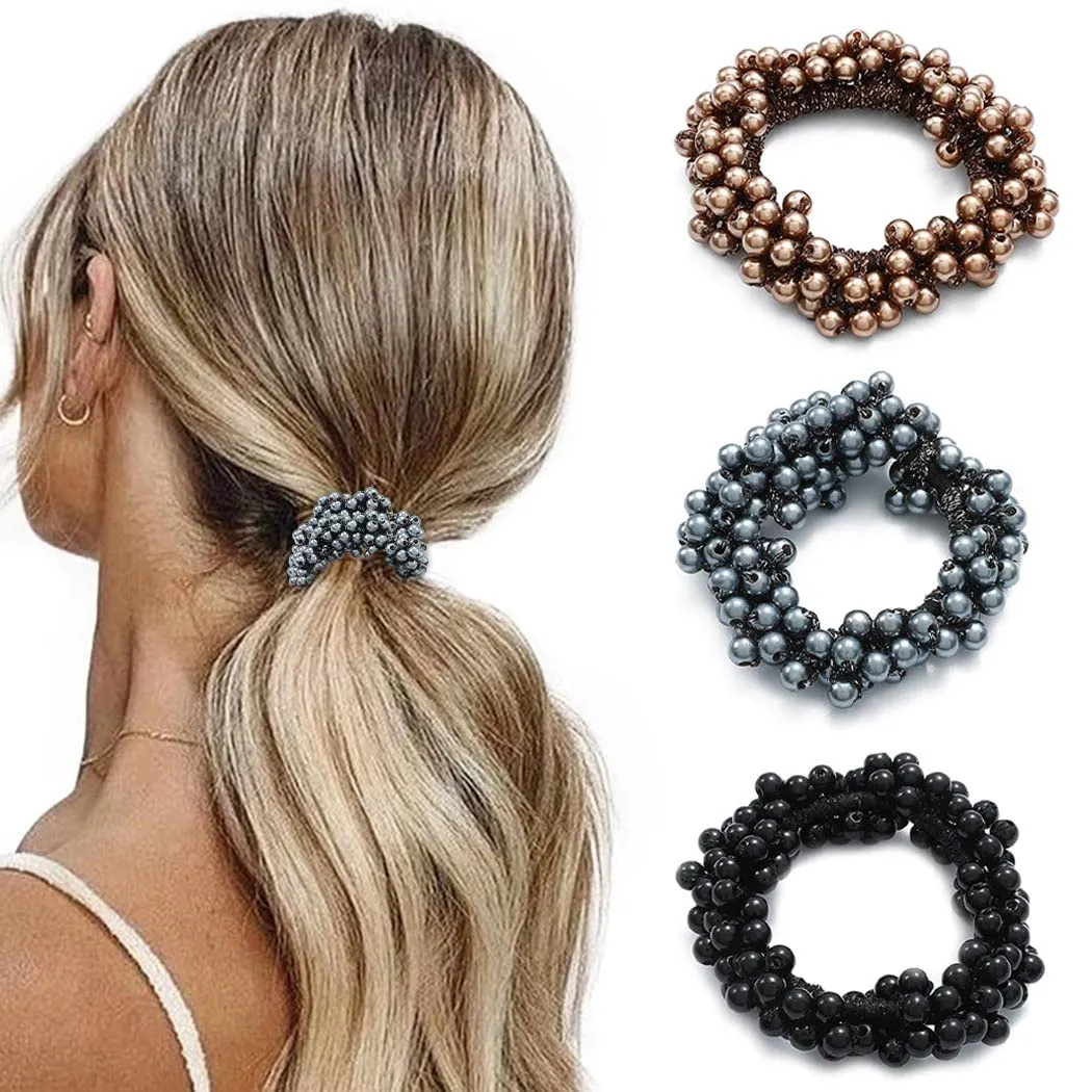 Brinie Hair Ties Champagne Elastic Hair Scrunchies Pearl Hair Bands Bead Hair Ropes Hair Accessories for Women and Girls (Pack of 3) (set3)