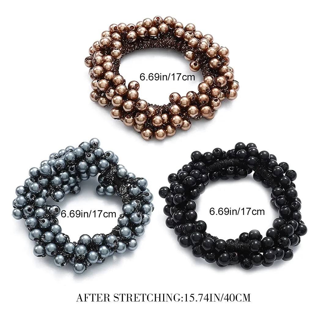 Brinie Hair Ties Champagne Elastic Hair Scrunchies Pearl Hair Bands Bead Hair Ropes Hair Accessories for Women and Girls (Pack of 3) (set3)