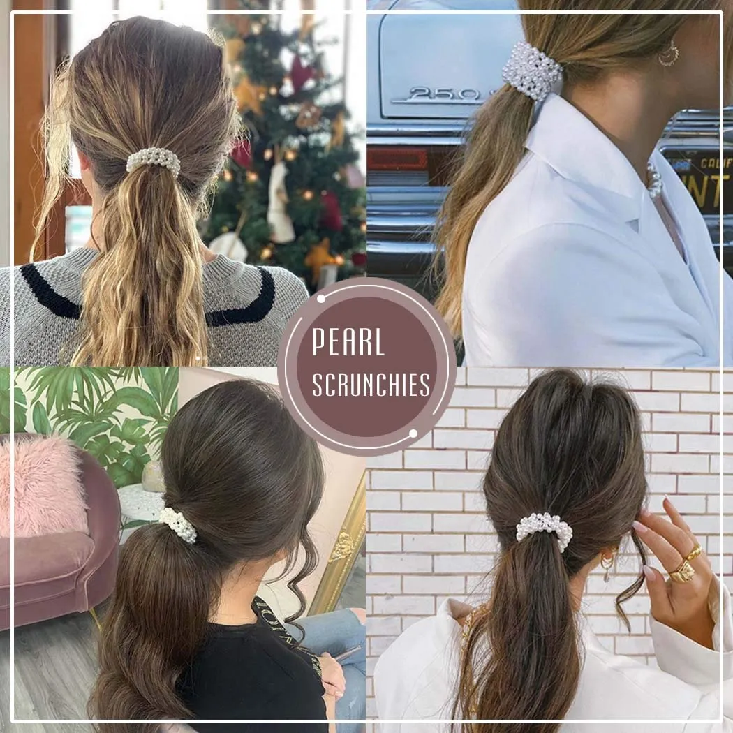 Brinie Pearl Hair Ties Champagne Elastic Scrunchies Stretchy Bands Bead Ropes Hair Accessories for Women and Girls (Pack of 3) (set1)