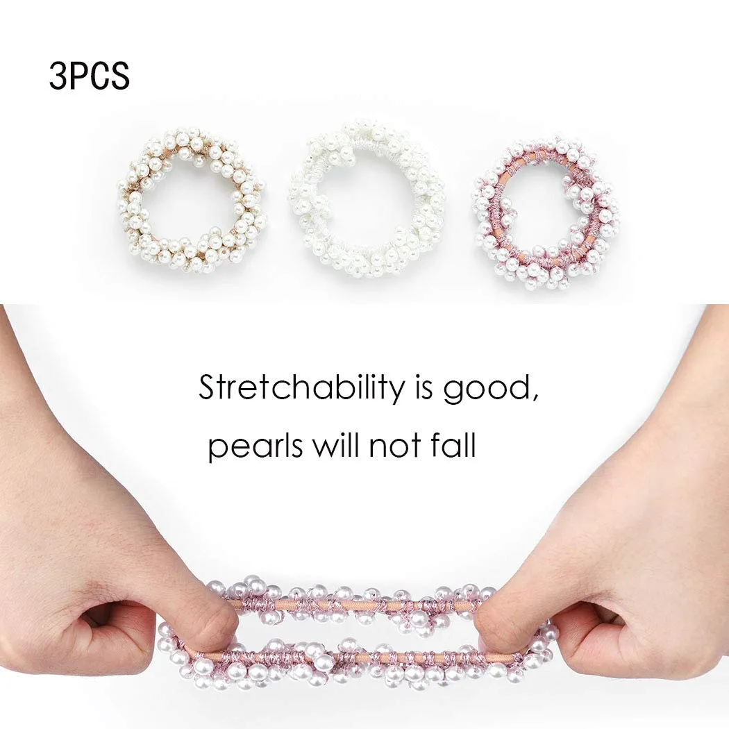 Brinie Pearl Hair Ties Champagne Elastic Scrunchies Stretchy Bands Bead Ropes Hair Accessories for Women and Girls (Pack of 3) (set1)