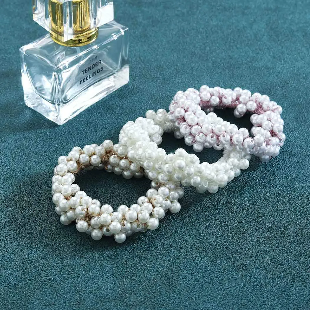 Brinie Pearl Hair Ties Champagne Elastic Scrunchies Stretchy Bands Bead Ropes Hair Accessories for Women and Girls (Pack of 3) (set1)