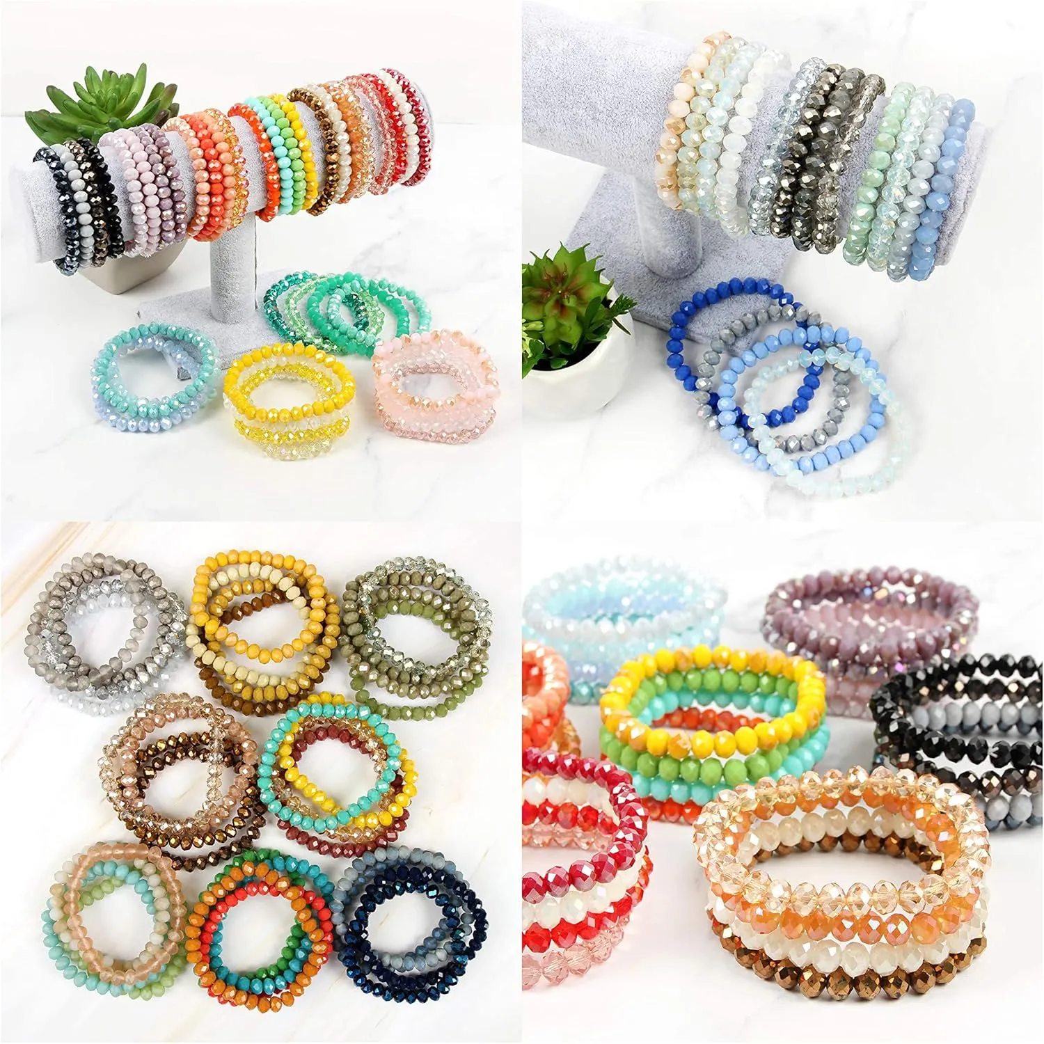 Caiyao Bohemian Multilayer Beaded Stacking Bracelet, Versatile Stretch Strand Statement Wrap Slip-on Cuff Bangle Shiny Crystal Bead Metallic, USA Flag, Rainbow Pride