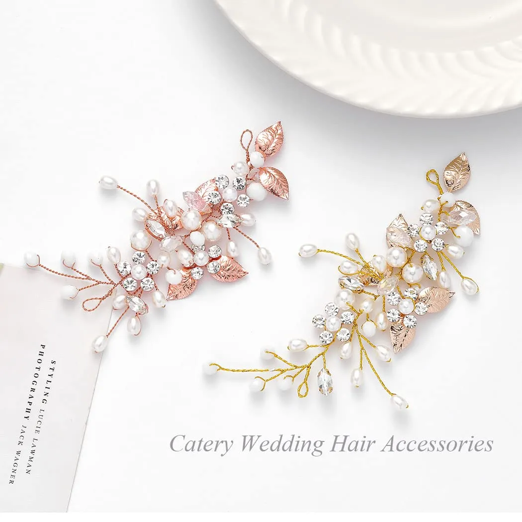 Catery Pearl Wedding Headband Gold Bridal Leaf Hair Piece Rhinestones Flower Hair Accessories for Women and Brides(Gold)