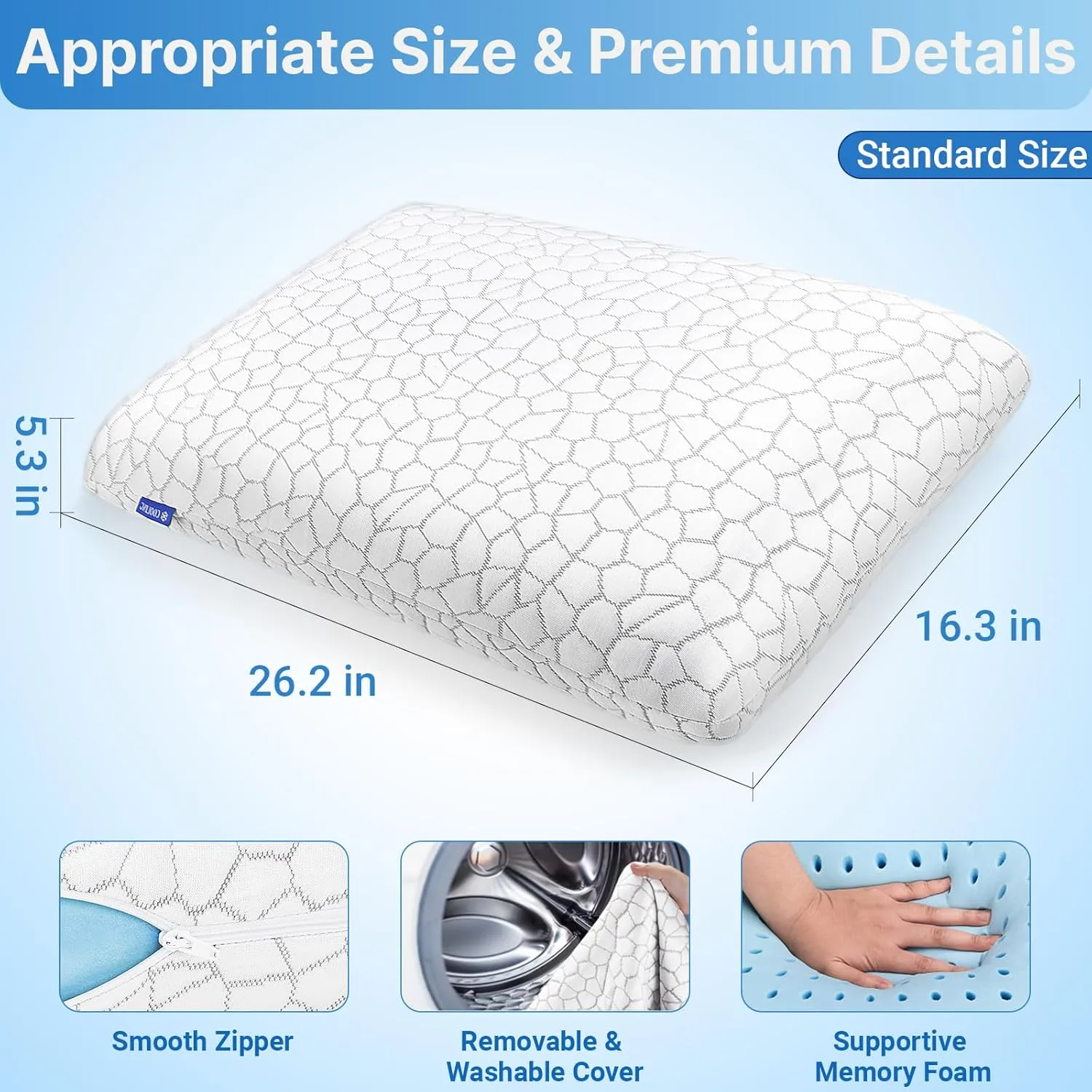 Cooling Memory Foam Pillows,Cooling Bed Pillow, Bed Pillow for Side,Back and Stomach Sleepers,Neck Pillow for Sleeping with Removable and Machine Washable Cover, Standard Size (1 Pack)