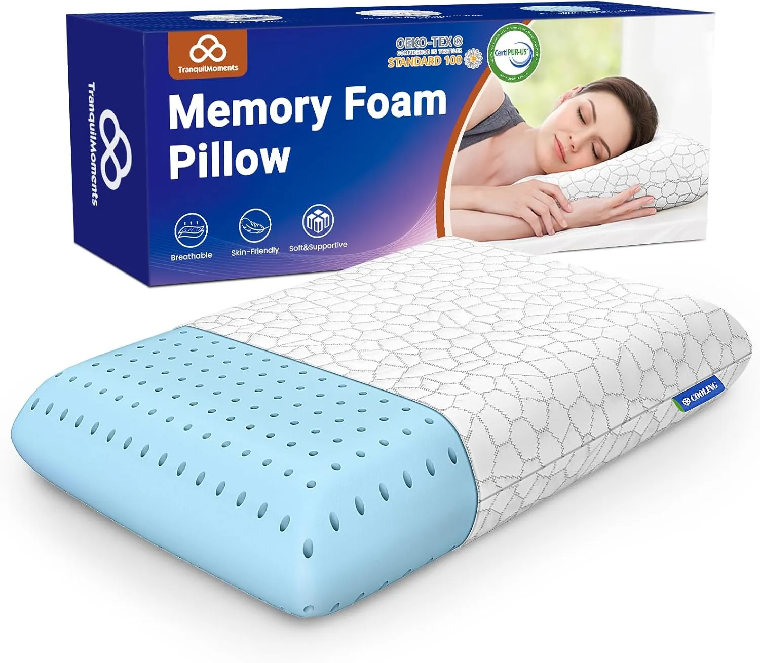 Cooling Memory Foam Pillows,Cooling Bed Pillow, Bed Pillow for Side,Back and Stomach Sleepers,Neck Pillow for Sleeping with Removable and Machine Washable Cover, Standard Size (1 Pack)
