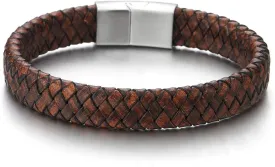COOLSTEELANDBEYOND Men Women Vintage Brown Braided Leather Bracelet, Leather Bangle Wristband with Steel Magnetic Clasp