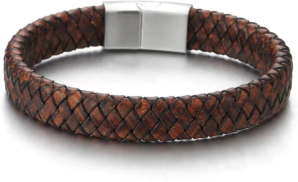 COOLSTEELANDBEYOND Men Women Vintage Brown Braided Leather Bracelet, Leather Bangle Wristband with Steel Magnetic Clasp