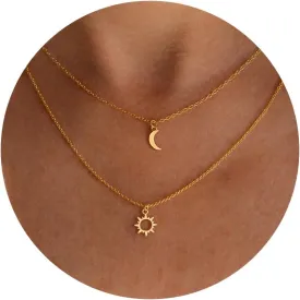 Dainty Gold Necklace: 14k Gold Plated Dianty Boots Bow Sun Moon Horse Evil Eye Conch Seahorse Necklace for Women 16.5" 2"