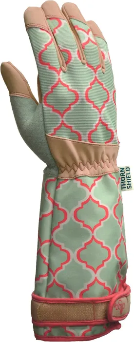 Digz Rose Pruning Vegan Leather Garden Gloves, Long Forearm Protective Cuff with Touchscreen Compatible Finger Tips, Red Geometric Pattern, Large