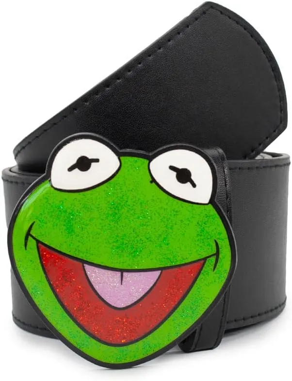 Disney The Muppets Belt, Kermit the Frog Glitter Enamel Cast Buckle Black, Vegan Leather Belt