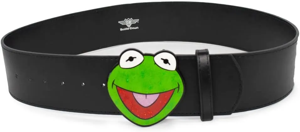 Disney The Muppets Belt, Kermit the Frog Glitter Enamel Cast Buckle Black, Vegan Leather Belt