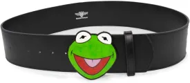 Disney The Muppets Belt, Kermit the Frog Glitter Enamel Cast Buckle Black, Vegan Leather Belt