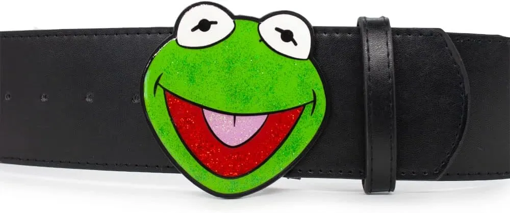 Disney The Muppets Belt, Kermit the Frog Glitter Enamel Cast Buckle Black, Vegan Leather Belt