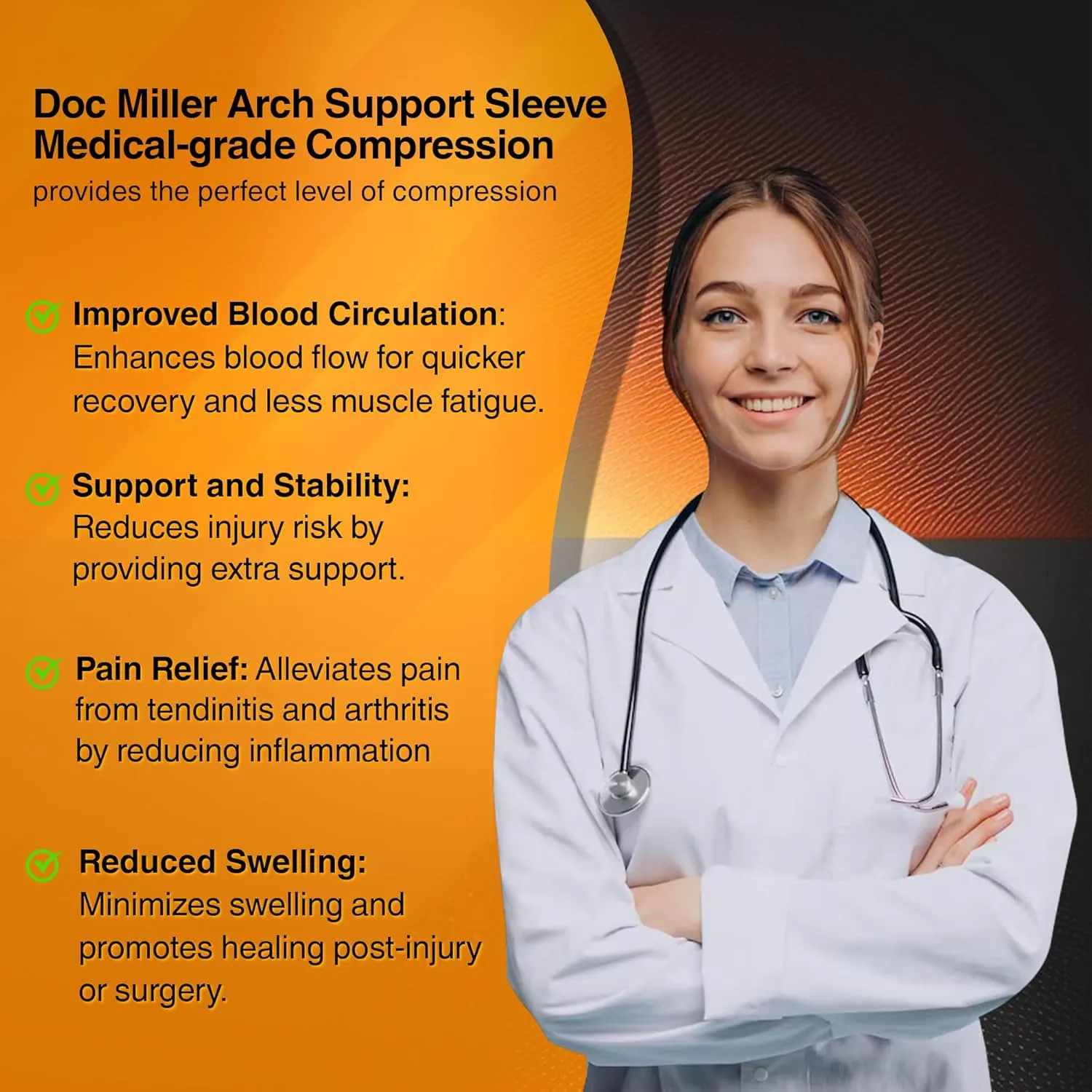 Doc Miller Arch Support Sleeves for Feet  Plantar Fasciitis Brace for Foot Pain Relief, Compression Socks, Heel Spurs, Fallen Arches, Orthotic Aid, and Planters Facetious Relief, 1 Pair