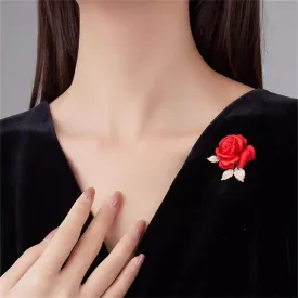Enamel Rose Flower Brooch Pin for Women Girls Gold Plated Elegant Crystal Red Creative 3D Floral Dainty Dress Accessories Valentine Mother Birthday Jewelry