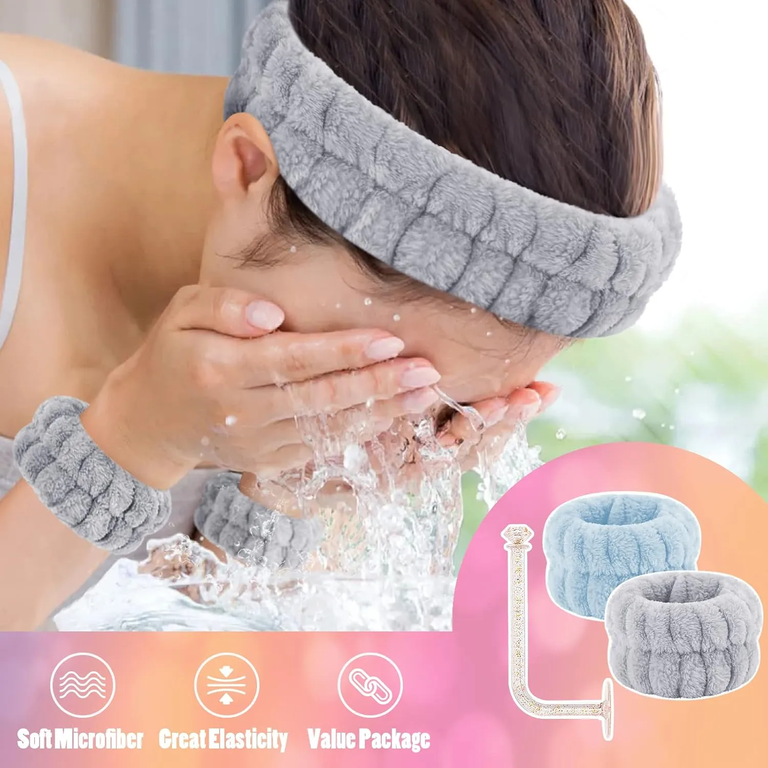 Face Wash Headband and Wristband Set of 2, Wrist Towels for Washing Face with Holder Microfiber Wristbands for Washing Face Absorbent Spa Wristbands Wrist Scrunchies Face Washing Wristbands