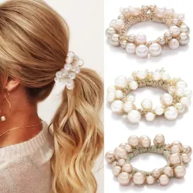 Fashey Pearl Hair Scrunchies Beaded Hair Ties Elastic Hair Bands Ponytail Holder Hair Accessories for Women and GirlsPack of 3
