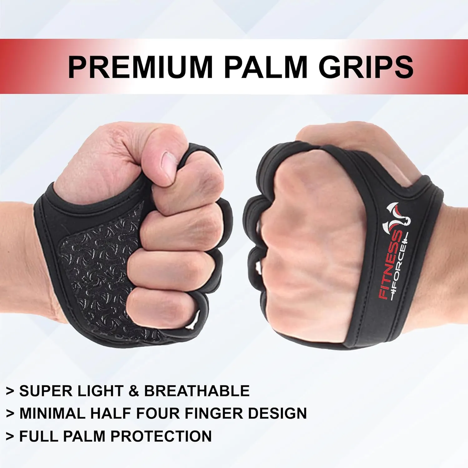 FITNESS FORCE Workout Gloves for Men & Women - Partial Weight Lifting Gloves with Non-Slip Gym Grip, Calluses Guard & Fingerless Design for Exercise