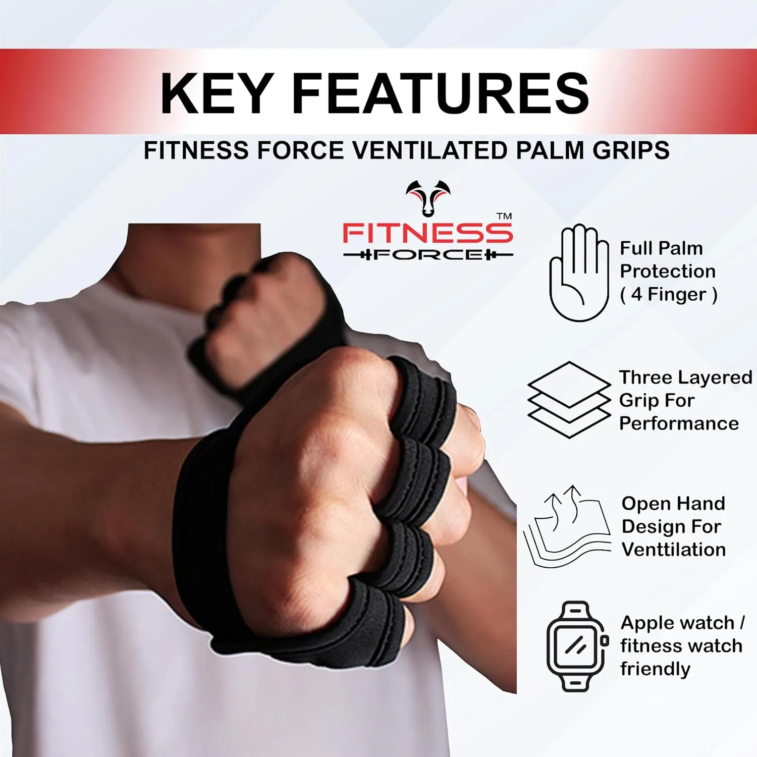 FITNESS FORCE Workout Gloves for Men & Women - Partial Weight Lifting Gloves with Non-Slip Gym Grip, Calluses Guard & Fingerless Design for Exercise