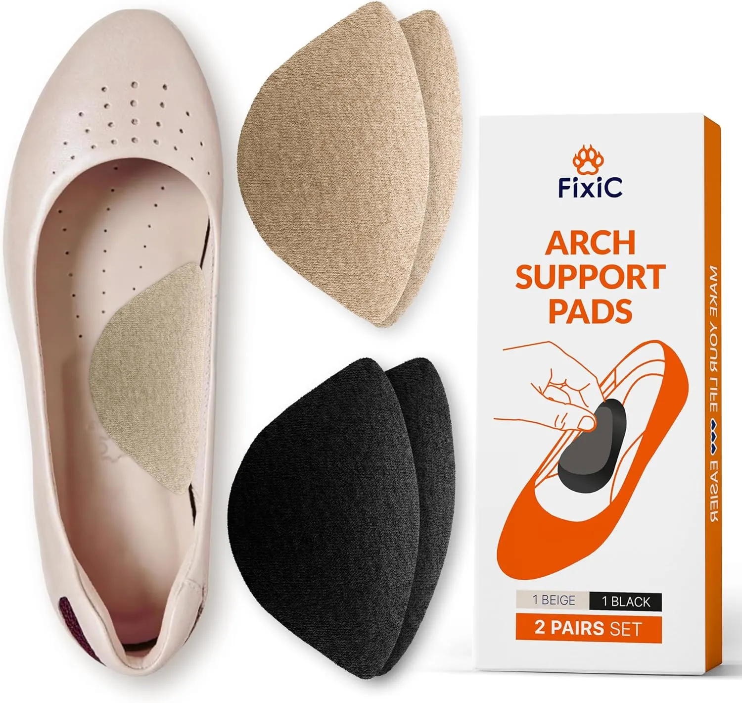 Fixic Arch Support Inserts - 2 Pairs Set - Self-Adhesive Foot Arch Support - Premium Flat Feet Arch Support Pads for Any Footwear - Soft Flat Foot Corrector - Arch Shoe Insert - Make Your Life Easier!