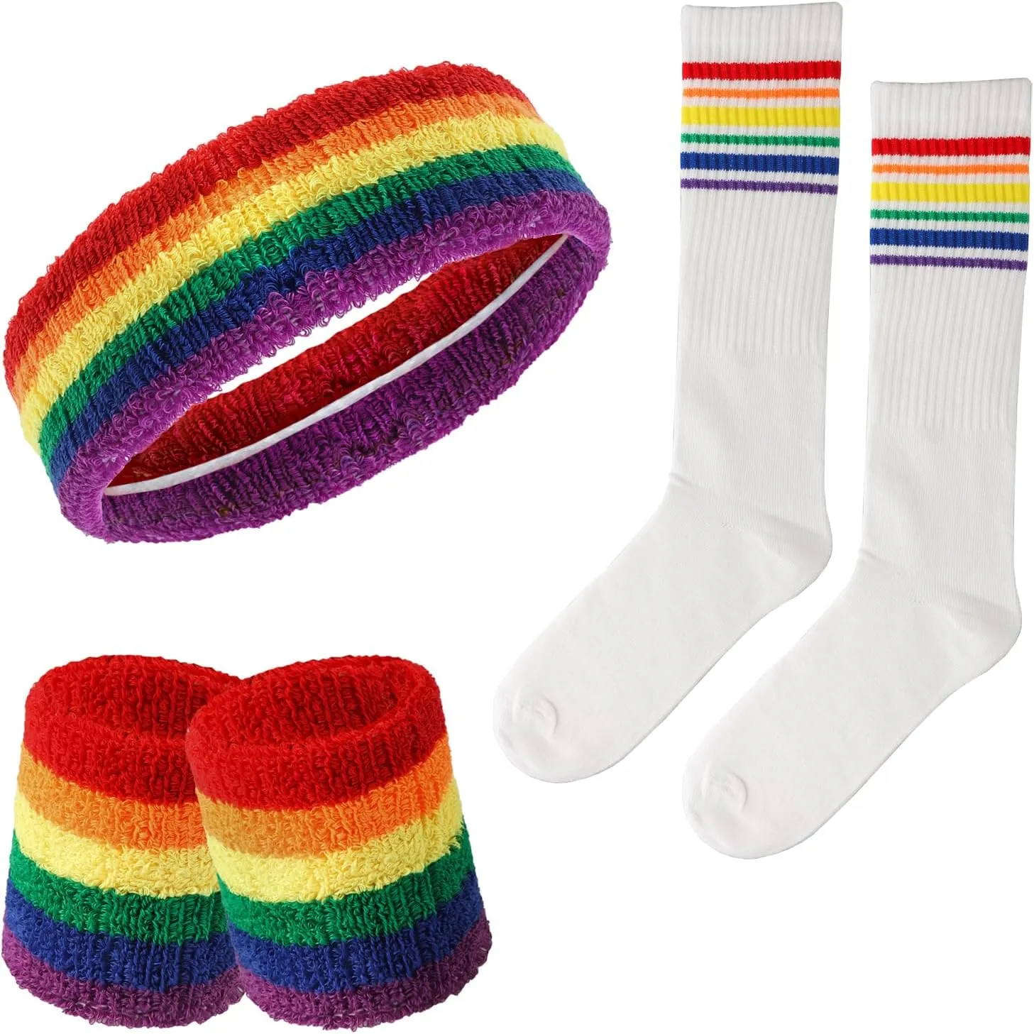 Fumwase 5 Pcs Sweatbands Striped Socks Set Headbans Wristbands Striped-Tube Socks 80s Sports Workout Sweat Bands Costume Accessory Pride Outfits for Women Men