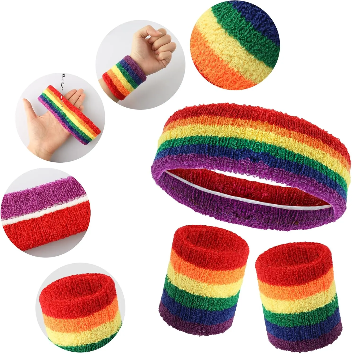 Fumwase 5 Pcs Sweatbands Striped Socks Set Headbans Wristbands Striped-Tube Socks 80s Sports Workout Sweat Bands Costume Accessory Pride Outfits for Women Men