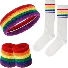 Fumwase 5 Pcs Sweatbands Striped Socks Set Headbans Wristbands Striped-Tube Socks 80s Sports Workout Sweat Bands Costume Accessory Pride Outfits for Women Men