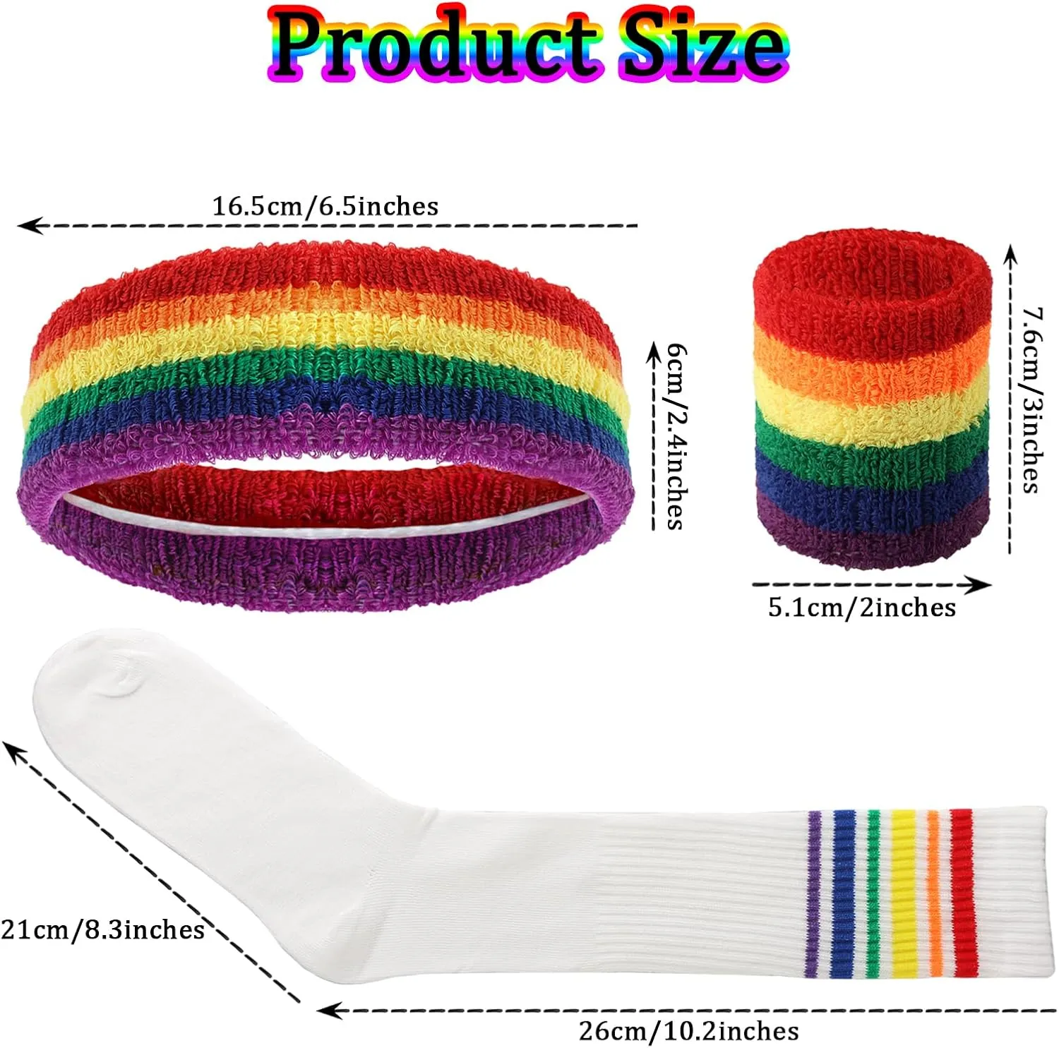 Fumwase 5 Pcs Sweatbands Striped Socks Set Headbans Wristbands Striped-Tube Socks 80s Sports Workout Sweat Bands Costume Accessory Pride Outfits for Women Men