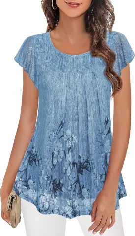 Furnex Women's Short Sleeve Tunic Shirt Pleated Mesh Blouses Summer Floral Tops