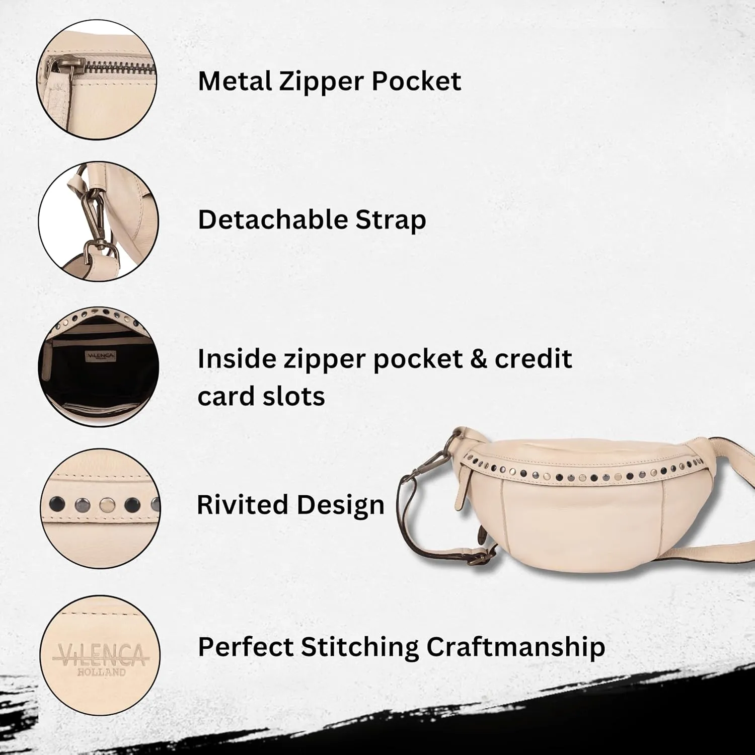 Genuine Italian Leather Boho Studded Waist Bag  Stylish & Durable Unisex Travel Fanny Pack for Essentials (Beige)