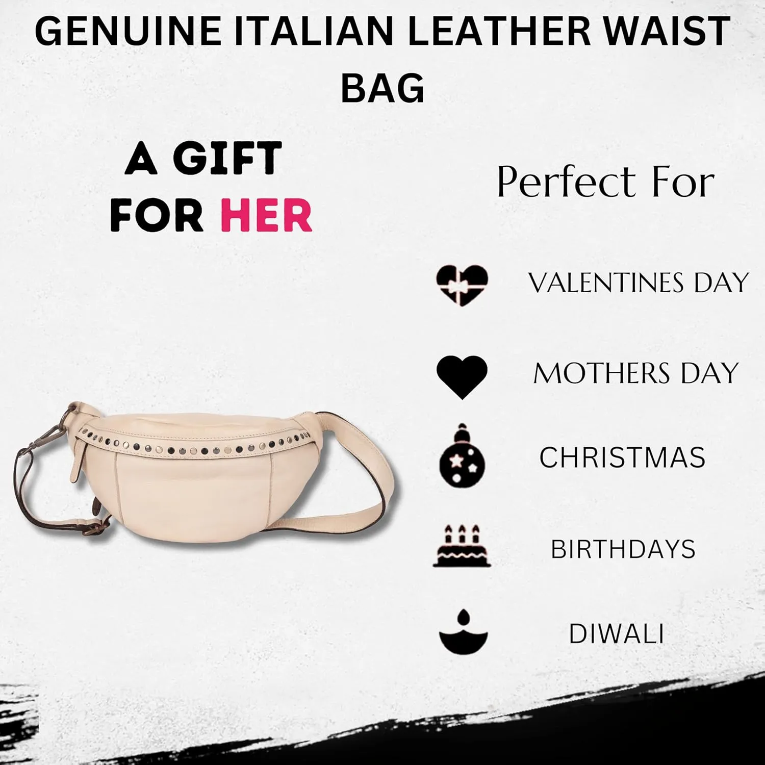 Genuine Italian Leather Boho Studded Waist Bag  Stylish & Durable Unisex Travel Fanny Pack for Essentials (Beige)
