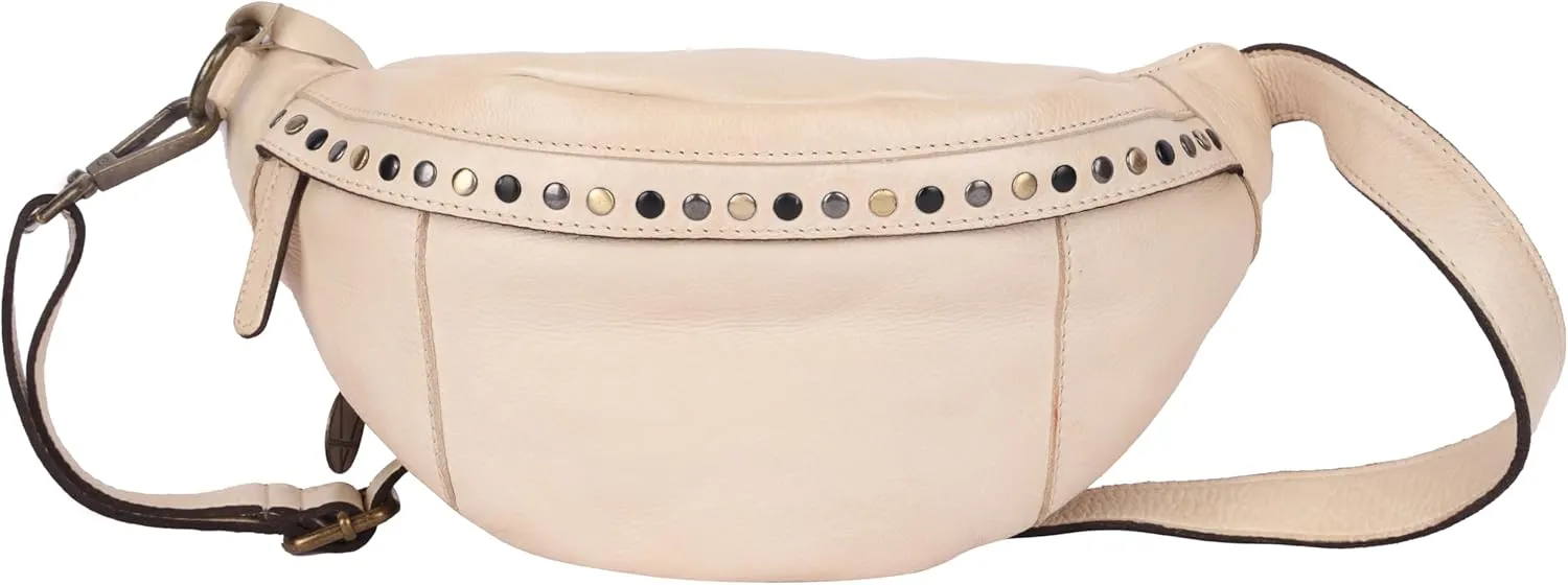 Genuine Italian Leather Boho Studded Waist Bag  Stylish & Durable Unisex Travel Fanny Pack for Essentials (Beige)