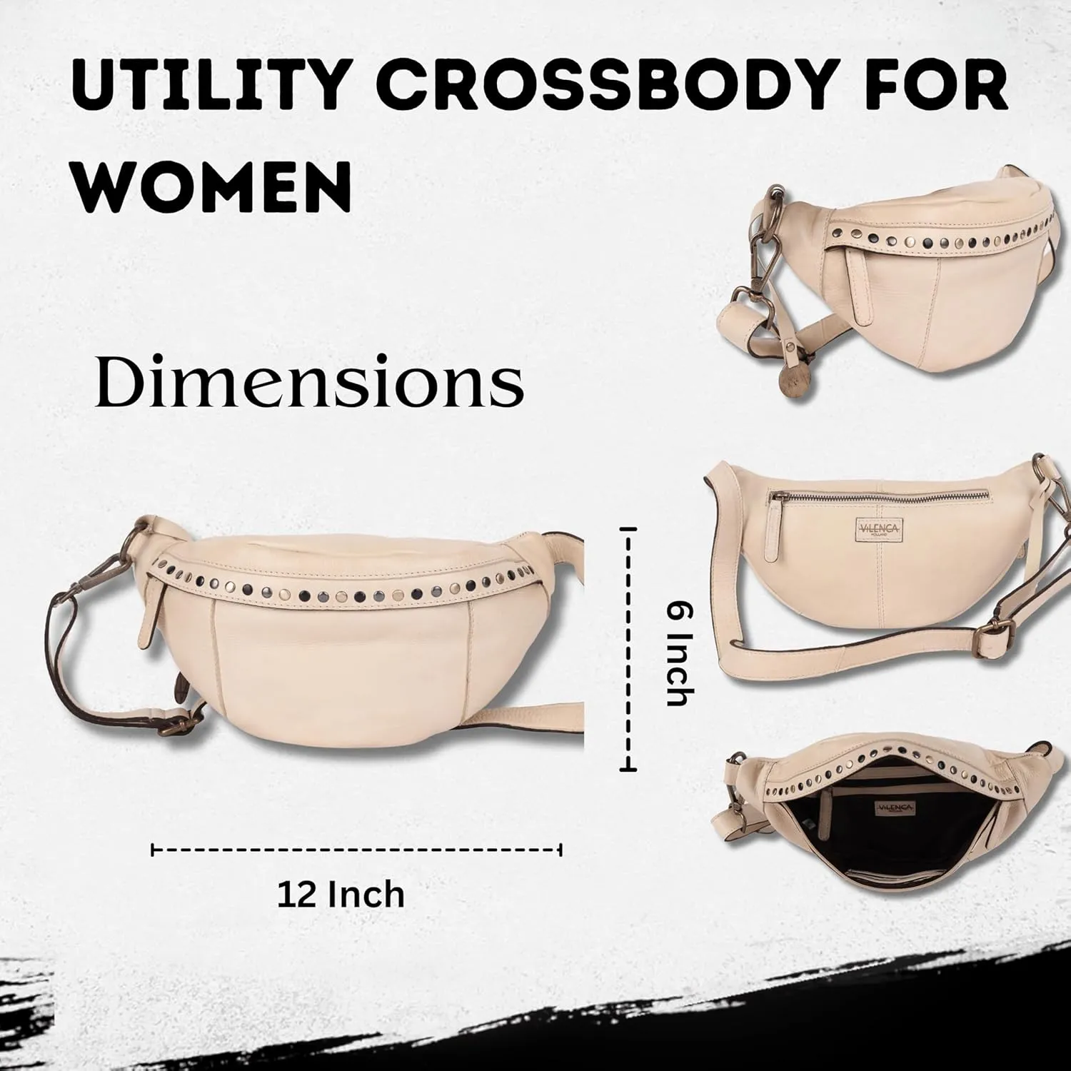 Genuine Italian Leather Boho Studded Waist Bag  Stylish & Durable Unisex Travel Fanny Pack for Essentials (Beige)