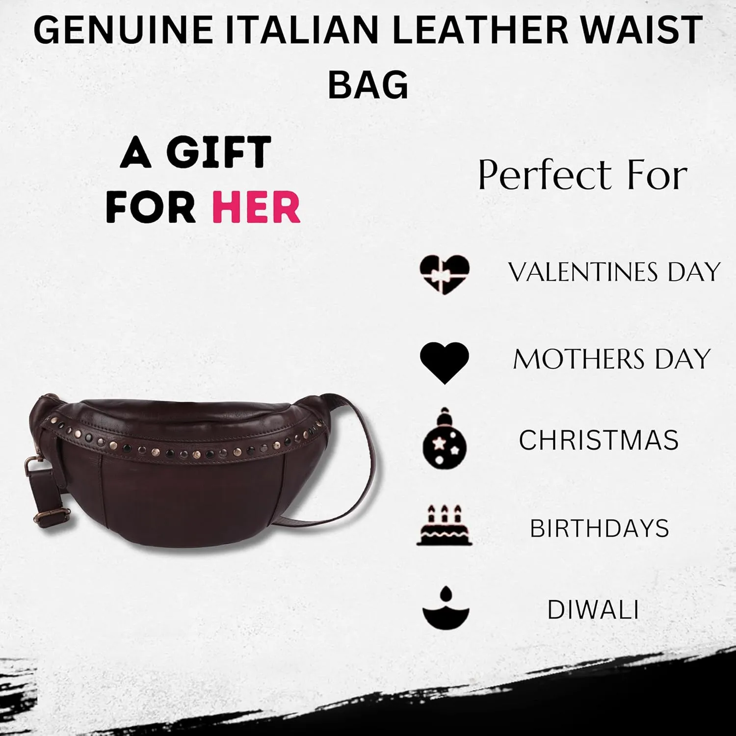 Genuine Italian Leather Boho Studded Waist Bag  Stylish & Durable Unisex Travel Fanny Pack for Essentials (Brown)
