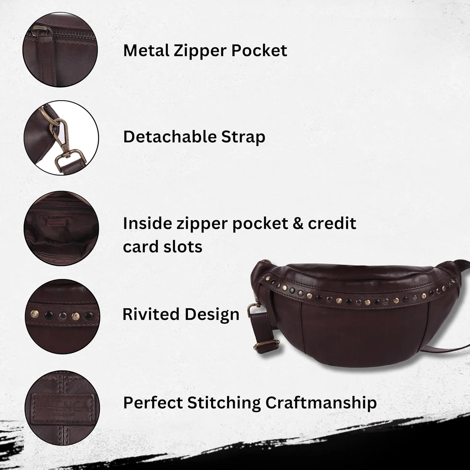 Genuine Italian Leather Boho Studded Waist Bag  Stylish & Durable Unisex Travel Fanny Pack for Essentials (Brown)
