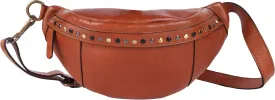 Genuine Italian Leather Boho Studded Waist Bag  Stylish & Durable Unisex Travel Fanny Pack for Essentials (Cognac)