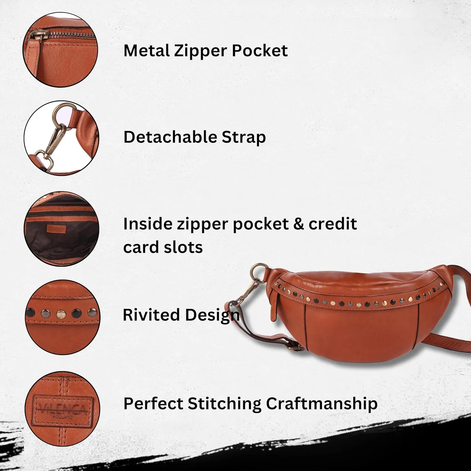 Genuine Italian Leather Boho Studded Waist Bag  Stylish & Durable Unisex Travel Fanny Pack for Essentials (Cognac)