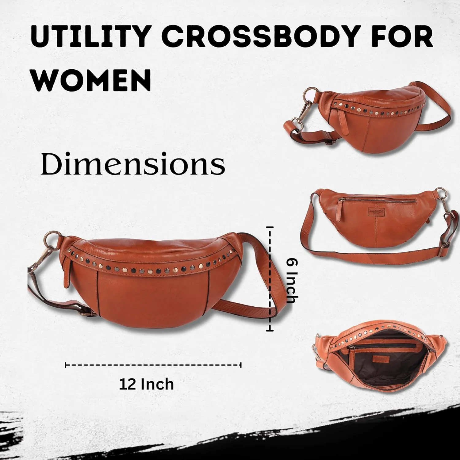 Genuine Italian Leather Boho Studded Waist Bag  Stylish & Durable Unisex Travel Fanny Pack for Essentials (Cognac)