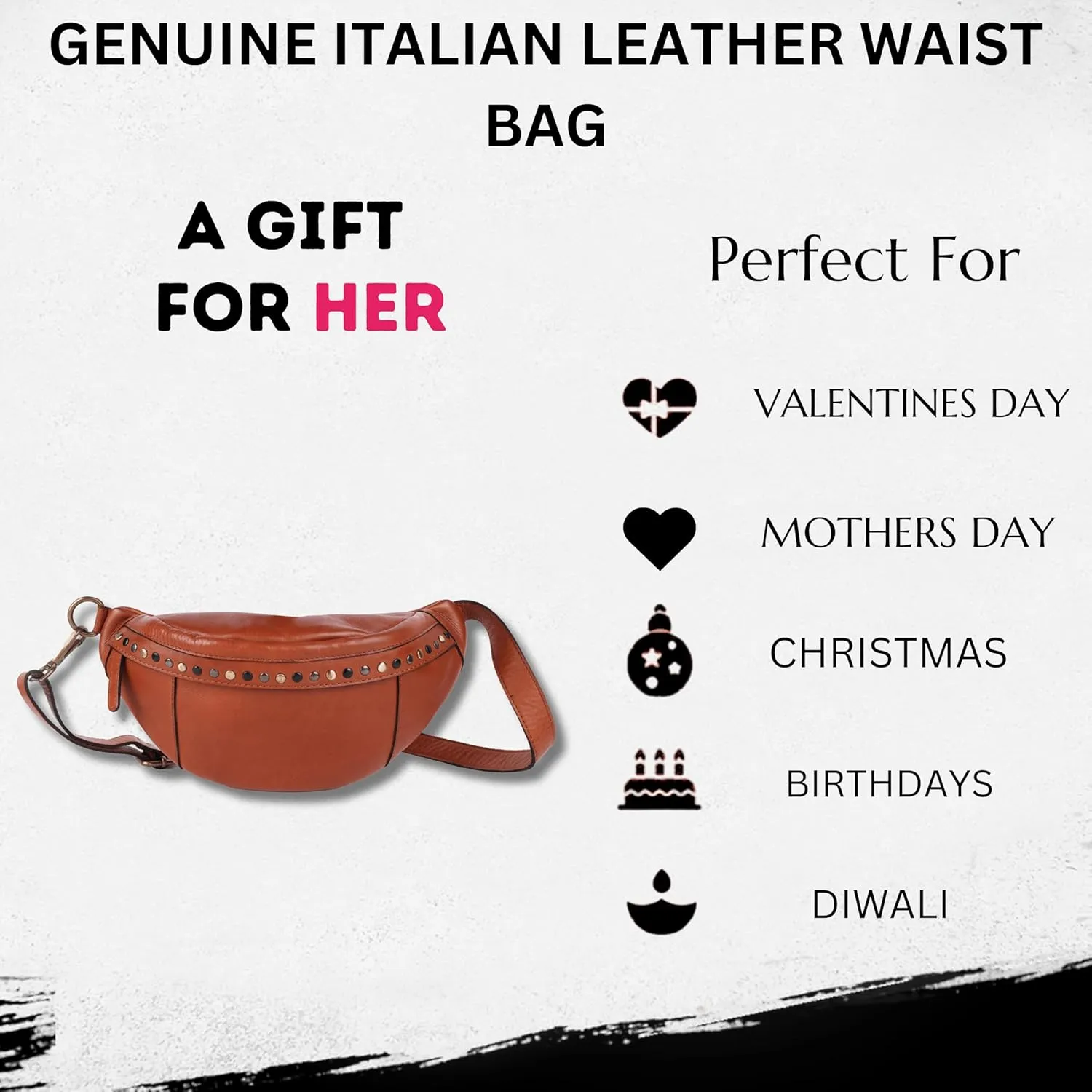 Genuine Italian Leather Boho Studded Waist Bag  Stylish & Durable Unisex Travel Fanny Pack for Essentials (Cognac)