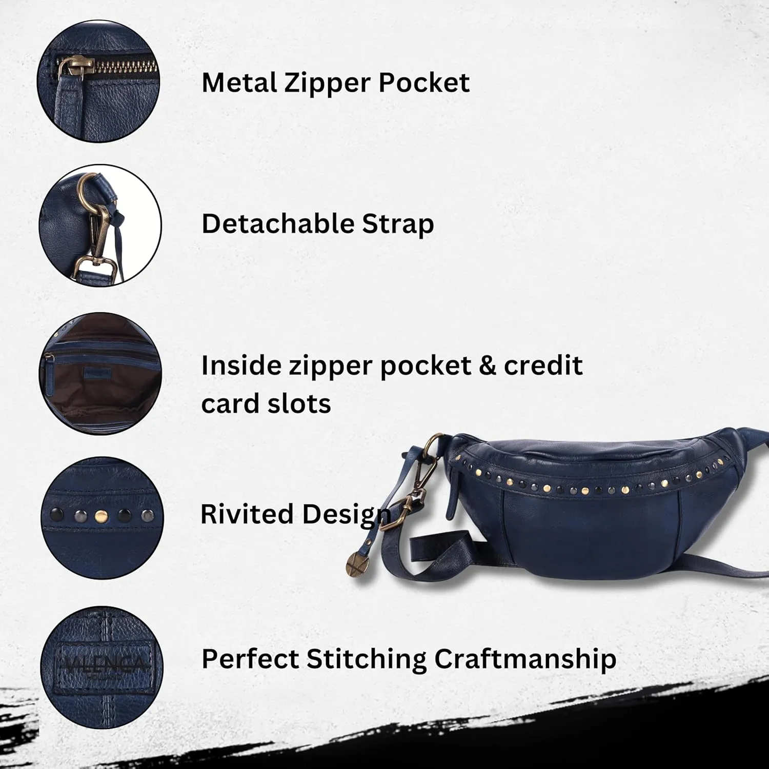 Genuine Italian Leather Boho Studded Waist Bag  Stylish & Durable Unisex Travel Fanny Pack for Essentials (Navy)